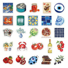 50pcs Mediterranean Style Artistic Creative Colorful Stickers Cartoon for Decoration Scrapbook Laptop Luggage Guitar Water Cup Phone Case Refrigerator