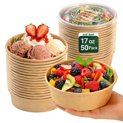 17oz 50 Sets Disposable Round Paper Bowls with Lids, Spillproof Deli Acai Salad Meal Prep Containers, Take Out Soup Snack Bowls for Lunch Camp Family