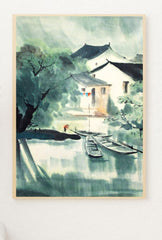 River Village Serenity: Asian Ink Wash Canvas Art