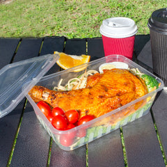 Ganfaner clear plastic to go container with roast chicken, pasta and tomatoes for an outdoor lunch