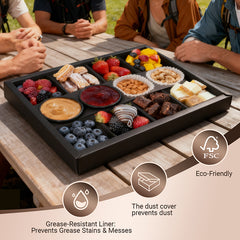 10PK 8-Compartment Black Cardboard Serving Trays with Lids, Disposable Divided Catering Snack Box with Ketchup Holder 12.5x9.3x2in