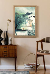 River Village Serenity: Asian Ink Wash Canvas Art