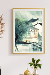 River Village Serenity: Asian Ink Wash Canvas Art