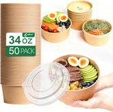 Ganfaner 34oz Disposable Paper Bowls with Lids - 50 Sets Kraft Meal Prep Containers, Microwave & Freezer Safe Spillproof To-Go Deli Boxes for Soup Salad Hot Cold Food, Lunch Picnic Catering