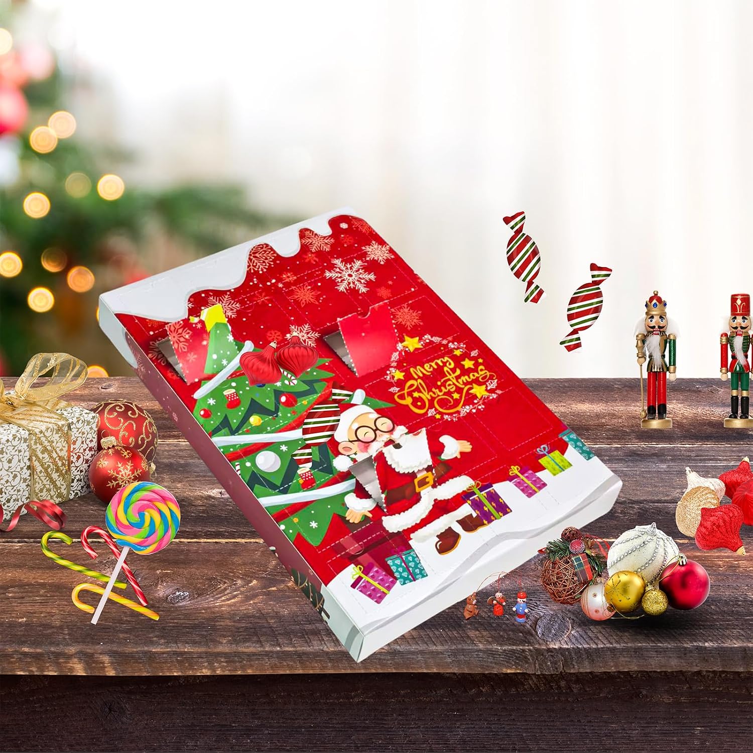 Ganfaner Christmas advent calendar box to fill on a festive holiday table with candy, ornaments and nutcrackers