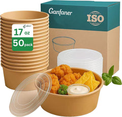 17oz 50 Sets Disposable Round Paper Bowls with Lids, Spillproof Deli Acai Salad Meal Prep Containers, Take Out Soup Snack Bowls for Lunch Camp Family