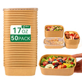 17oz 50 Sets Compostable Kraft Paper Bowls with Lids, Leak-Proof Microwave Safe Disposable Meal Prep Containers for Soup Noodles Acai Salad Lunch Takeout Home Party