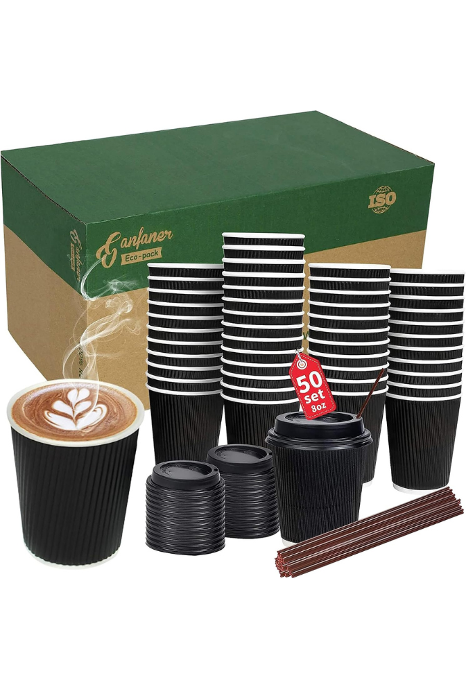 Ganfaner 12oz 100 Sets Disposable Coffee Cups with Lids & Sleeves
