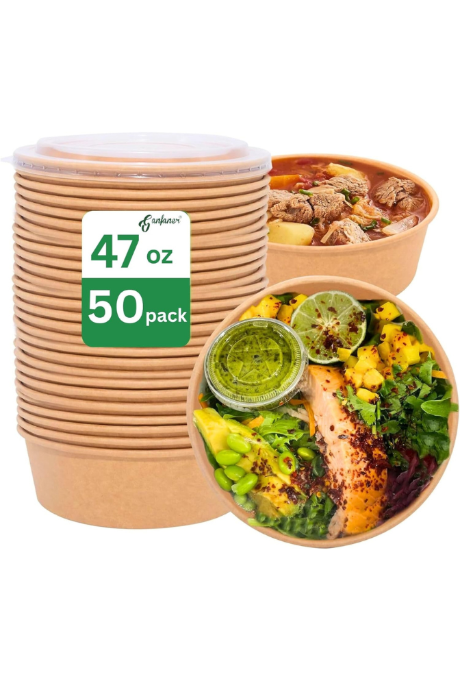 Ganfaner 50-Pack 47oz Disposable Leakproof Microwave-Safe Paper Bowls with Lids