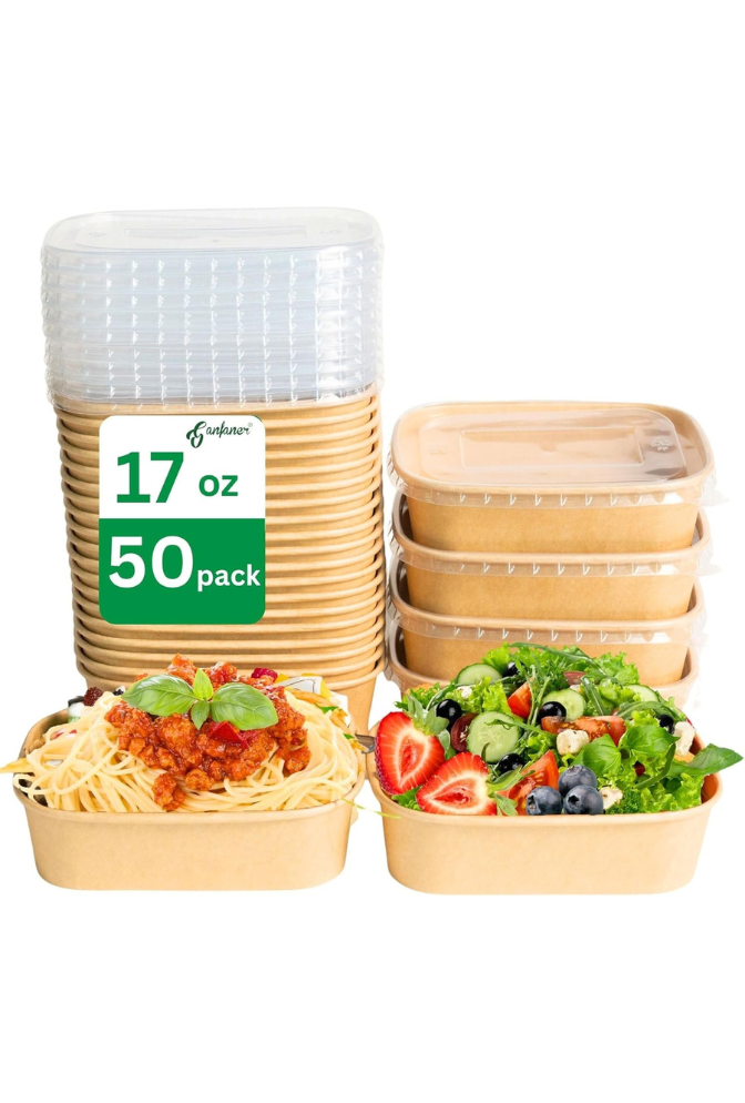 Ganfaner 50 Sets Disposable Kraft Paper Salad Bowls with Lids