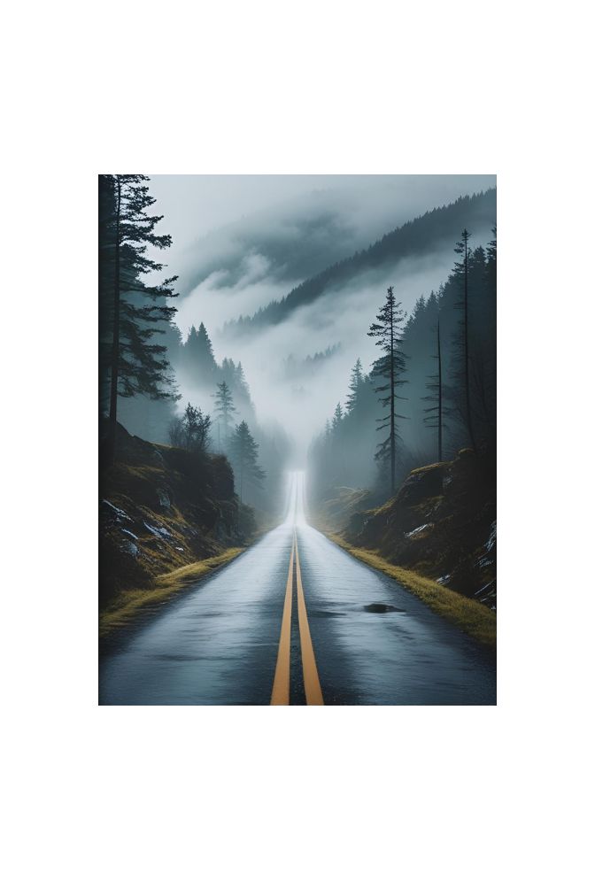 Mystic Journey Canvas Art - Foggy Road Forest Wall Decor