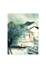 River Village Serenity: Asian Ink Wash Canvas Art