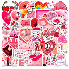 50PCS Valentines Day Stickers Decorative Creative Stickers Cartoon Stickers Heart Pink Stickers For Laptop,Bumper,Skateboard,Water Bottles Computer Phone Valentines Items