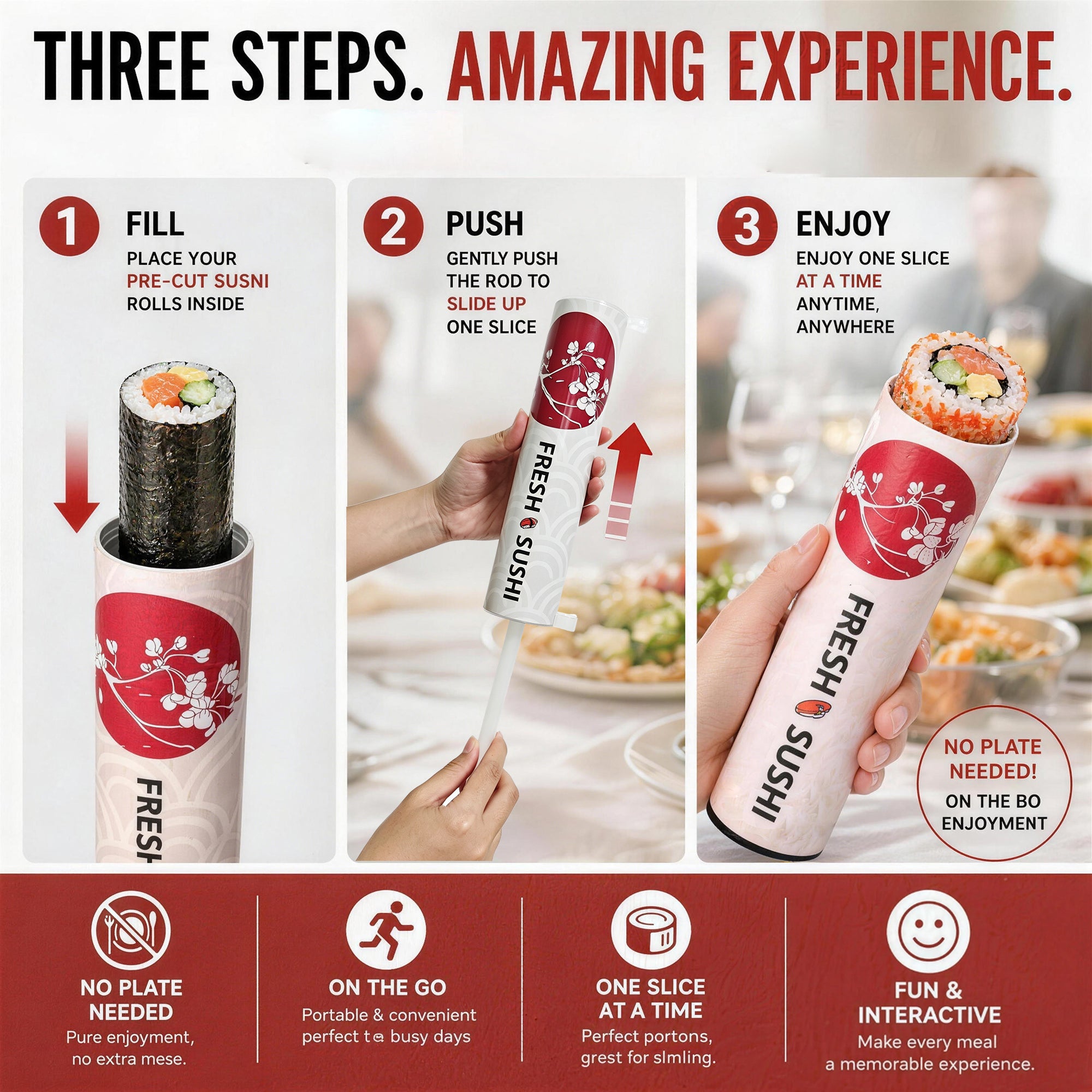 Ganfaner sushi push pop tube how to use - fill, push and enjoy sushi on the go