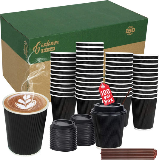 Ganfaner 8oz disposable coffee cups with lids and straws for hot and cold drinks