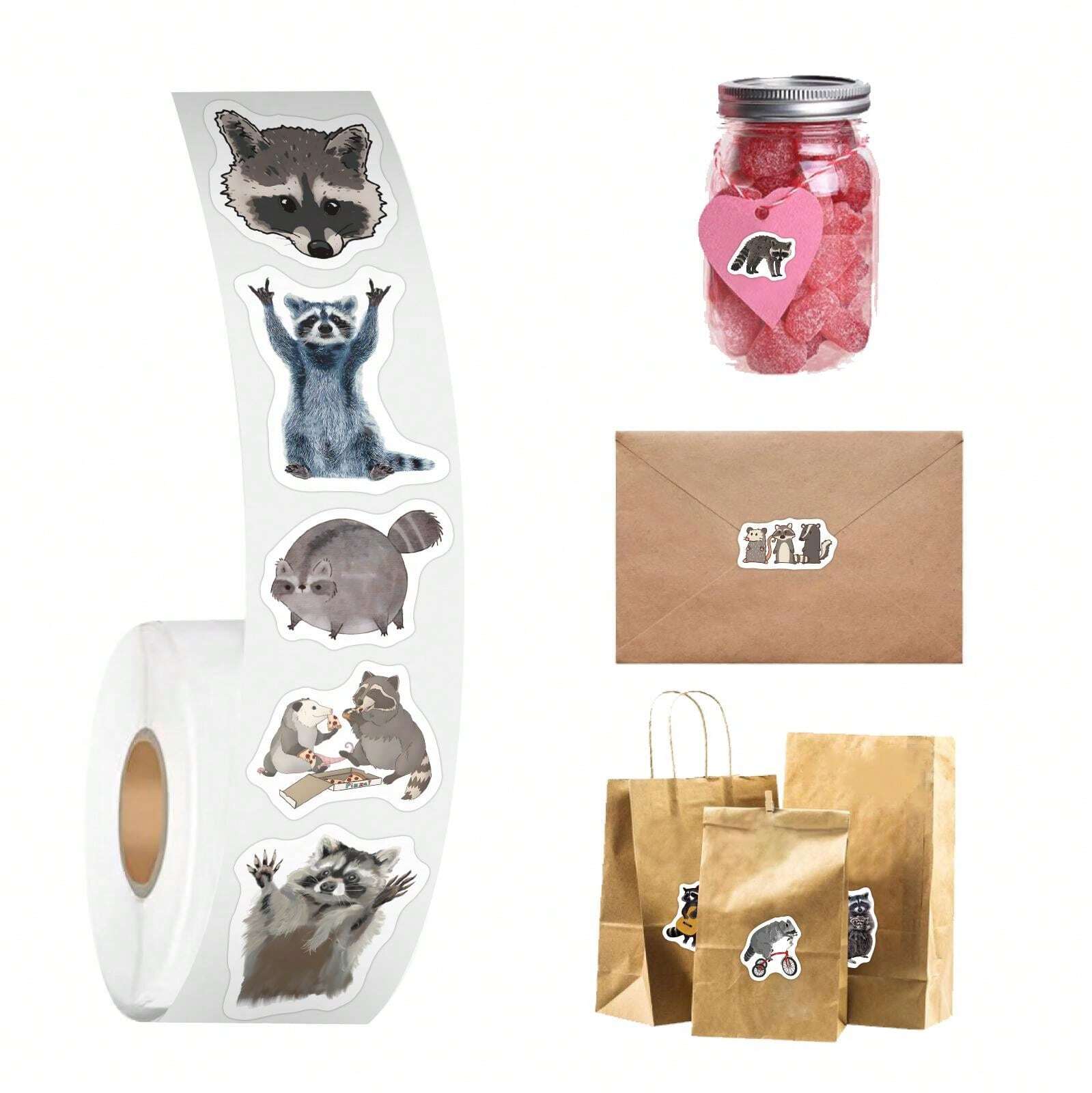 500PCS Cute Cartoon Raccoons Stickers Roll  For Scrapbook Journaling Laptop Bumper Skateboard Water Bottles Computer Phone Refrigerator Vinyl Stickers