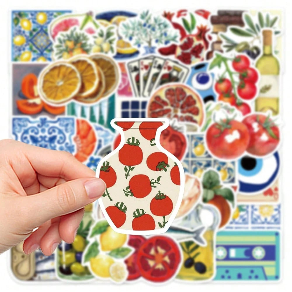 50pcs Mediterranean Style Artistic Creative Colorful Stickers Cartoon for Decoration Scrapbook Laptop Luggage Guitar Water Cup Phone Case Refrigerator