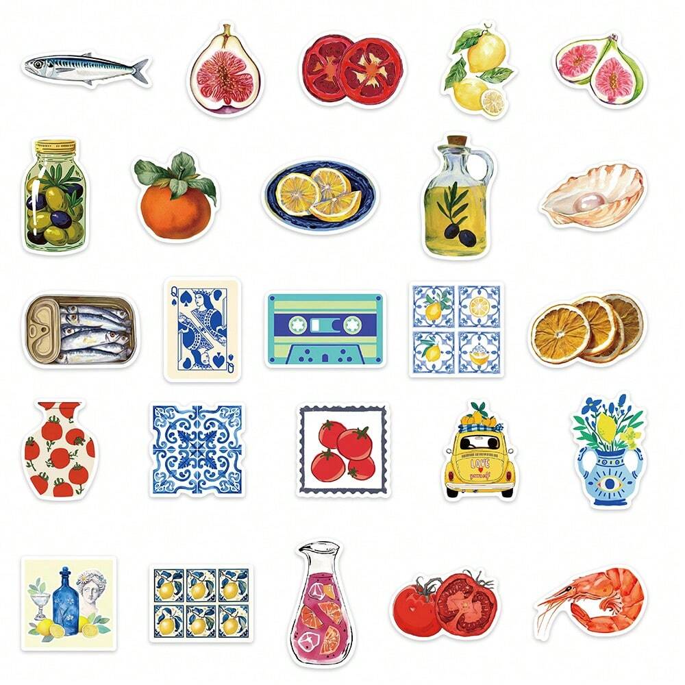 50pcs Mediterranean Style Artistic Creative Colorful Stickers Cartoon for Decoration Scrapbook Laptop Luggage Guitar Water Cup Phone Case Refrigerator