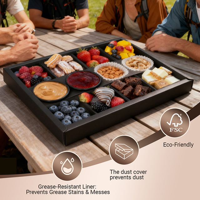 Ganfaner Black Divided Serving Tray with Window Lid – 10 Pack 8-Compartment Disposable Snack Trays with Sauce Cup Holders for Grazing Boards & Parties