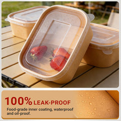 50 Sets 25oz Kraft Square Disposable Salad Bowls with Lids Microwave Safe Spillproof Takeout Containers