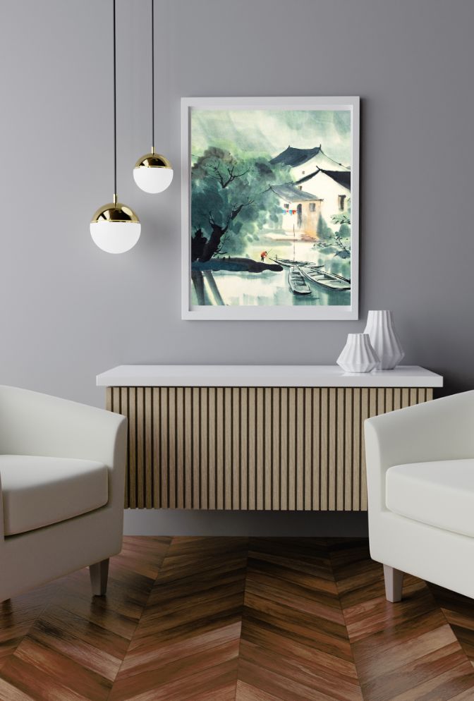 River Village Serenity: Asian Ink Wash Canvas Art