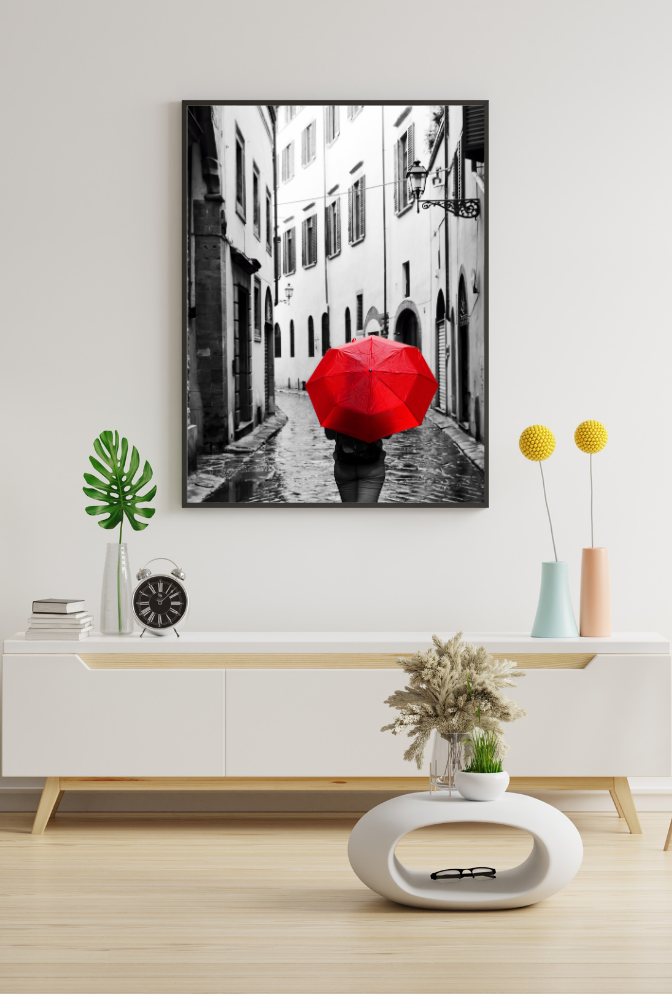Scarlet Stroll: Red Umbrella Canvas Art