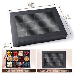 10PK 8-Compartment Black Cardboard Serving Trays with Lids, Disposable Divided Catering Snack Box with Ketchup Holder 12.5x9.3x2in