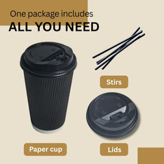 Ganfaner 8oz Disposable Coffee Cups with Lids & Straws - 100 Sets Black Kraft Heat-Proof Double-Wall Insulated Paper Cups, Leakproof To-Go Cups for Hot Cold Drinks Coffee Tea Latte Office Party