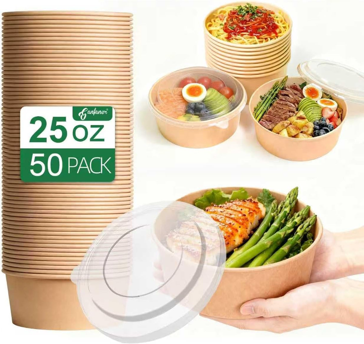 25 oz Kraft Round Salad Bowls with Lids, 50 Sets