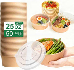 25 oz Kraft Round Salad Bowls with Lids, 50 Sets