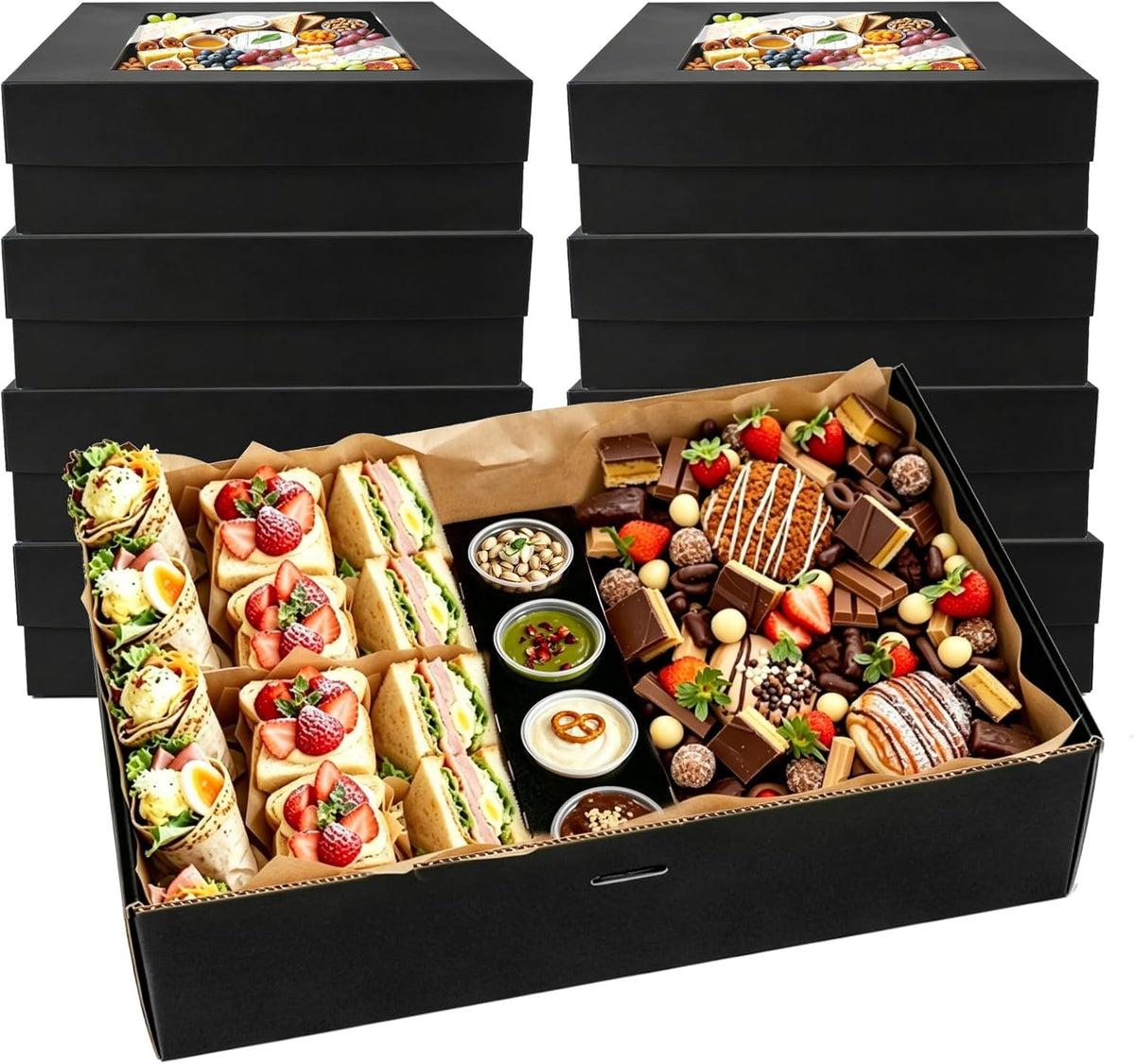 Ganfaner 8PCS Black Cardboard Grazing Box with Clear Lids - 15"x10"x3.5" Disposable Charcuterie Platter Serving Trays, BPA-Free Bakery Boxes for Cookies Cupcakes Pastries Catering Take-Out Parties