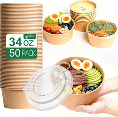 Ganfaner 34oz Disposable Paper Bowls with Lids - 50 Sets Kraft Meal Prep Containers, Microwave & Freezer Safe Spillproof To-Go Deli Boxes for Soup Salad Hot Cold Food, Lunch Picnic Catering