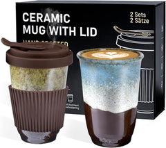 Ganfaner 13oz Ceramic Coffee Mug Set with Lids - 2-Pack Travel Mug, Leak-Proof Car Holder Fit, Reactive Glaze Microwave-Safe, Pb Cd Free Gift Mug Set with Silicone Sleeve [Birthday Wedding Father Mother]