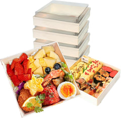 25PCS Disposable Wooden Bento Boxes with Lids Square, Oil Proof Popular Catering Trays with Wax Paper & Gloves, Freezer Safe Lunch Snack Takeout Containers for Hot Cold Food