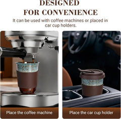 Ganfaner 13oz Ceramic Coffee Mug Set with Lids - 2-Pack Travel Mug, Leak-Proof Car Holder Fit, Reactive Glaze Microwave-Safe, Pb Cd Free Gift Mug Set with Silicone Sleeve [Birthday Wedding Father Mother]