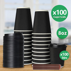 Ganfaner 8oz Disposable Coffee Cups with Lids & Straws - 100 Sets Black Kraft Heat-Proof Double-Wall Insulated Paper Cups, Leakproof To-Go Cups for Hot Cold Drinks Coffee Tea Latte Office Party