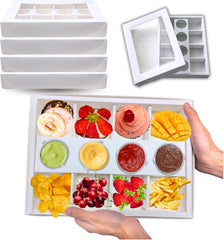 10PK 8-Compartment White Cardboard Serving Trays with Lids, Disposable Divided Catering Snack Box with Ketchup Holder 12.5x9.3x2in