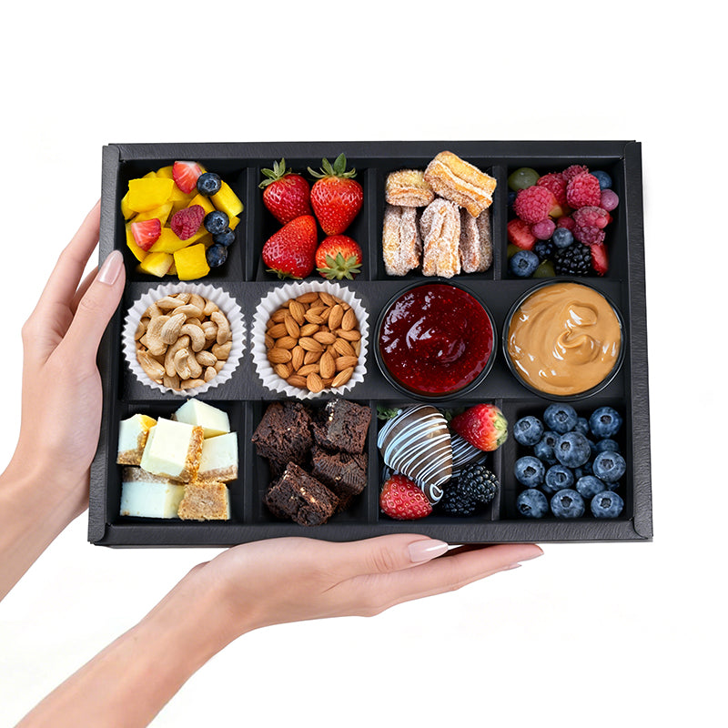 10PK 8-Compartment Black Cardboard Serving Trays with Lids, Disposable Divided Catering Snack Box with Ketchup Holder 12.5x9.3x2in