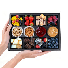 10PK 8-Compartment Black Cardboard Serving Trays with Lids, Disposable Divided Catering Snack Box with Ketchup Holder 12.5x9.3x2in