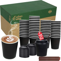 8oz Disposable Paper Coffee Cups with Lids & Straws 100 Sets, Black Kraft Insulated Cups