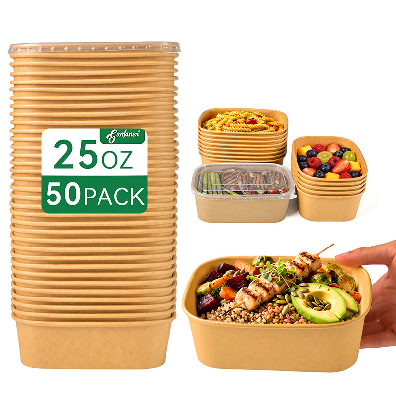 50 Sets 25oz Kraft Square Disposable Salad Bowls with Lids Microwave Safe Spillproof Takeout Containers