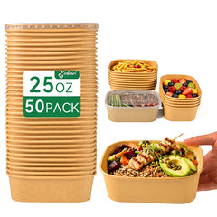 50 Sets 25oz Kraft Square Disposable Salad Bowls with Lids Microwave Safe Spillproof Takeout Containers