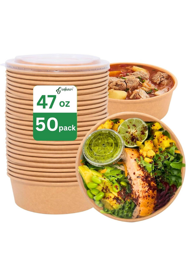 Ganfaner 47 oz Large Paper Bowls with Lids – 50 Pack 1450 ml Round Kraft Disposable Soup & Salad Bowls, Microwave Safe To Go Containers
