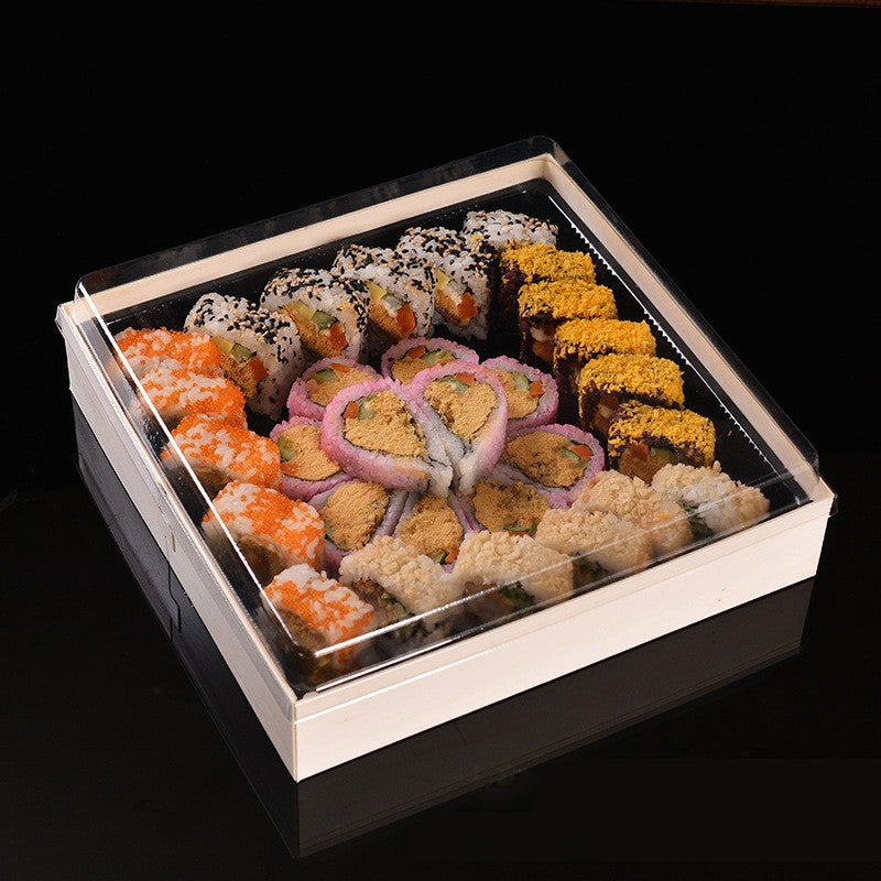 Ganfaner Disposable Wooden Sushi Packaging Box with PET Lid and 4 Cells Insert
