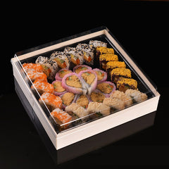 Ganfaner Disposable Wooden Sushi Packaging Box with PET Lid and 4 Cells Insert