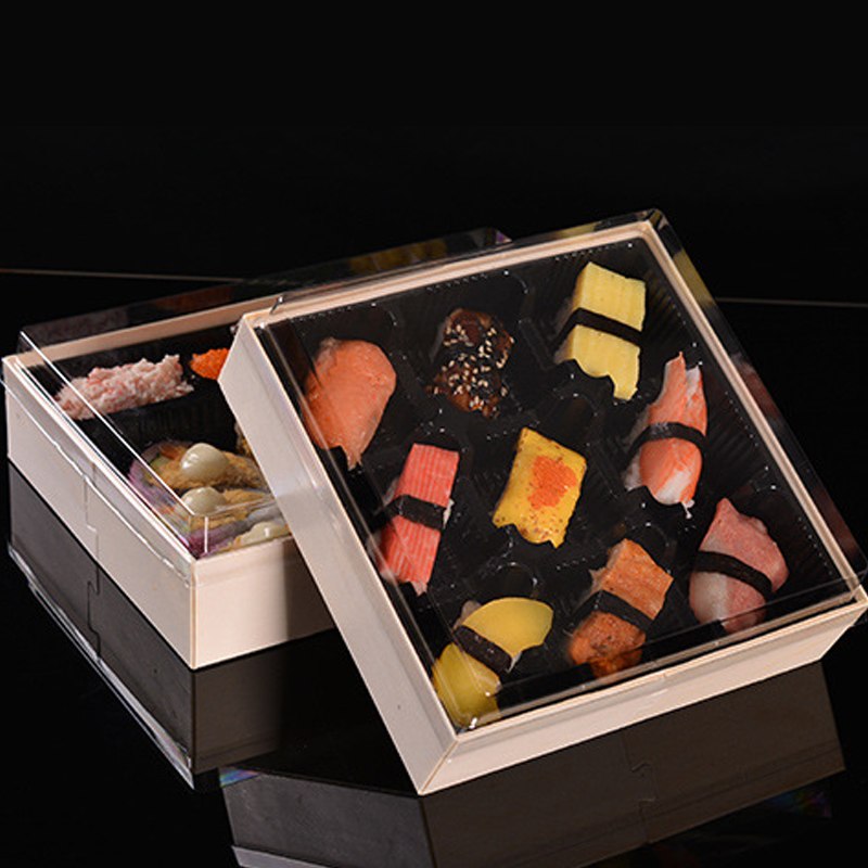 Ganfaner Disposable Wooden Sushi Packaging Box with PET Lid and 4 Cells Insert