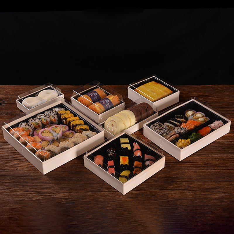 Ganfaner Disposable Wooden Sushi Packaging Box with PET Lid and 4 Cells Insert