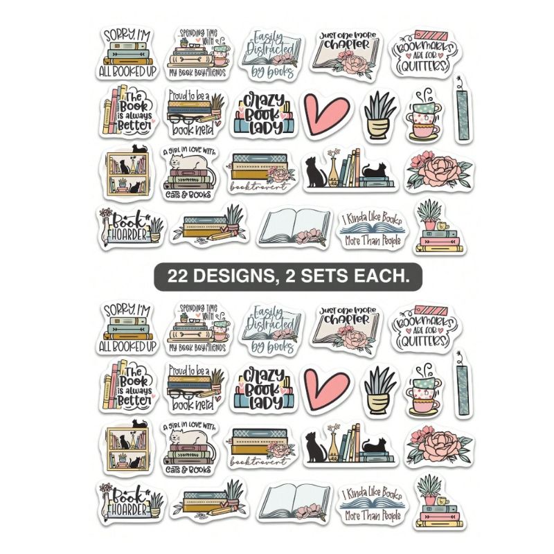 2 Sets Of 22 Styles Cartoon Book Cat Book Hoarder Stationery Assorted Stickers Cute Creative Decorative Book Lover Bookworms Reading Girl Quote Teacher Stickers