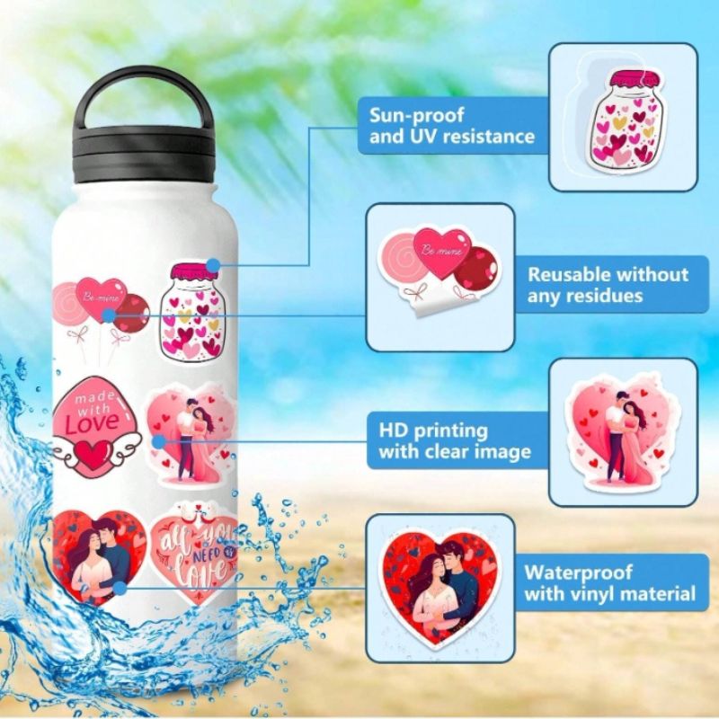 50PCS Valentines Day Stickers Decorative Creative Stickers Cartoon Stickers Heart Pink Stickers For Laptop,Bumper,Skateboard,Water Bottles Computer Phone Valentines Items