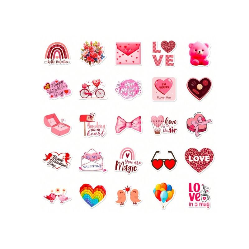 50PCS Valentines Day Stickers Decorative Creative Stickers Cartoon Stickers Heart Pink Stickers For Laptop,Bumper,Skateboard,Water Bottles Computer Phone Valentines Items